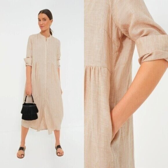 Pomander Place NEW Flax Lydell Tan Long Sleeve Button Down Maxi Dress Size Large